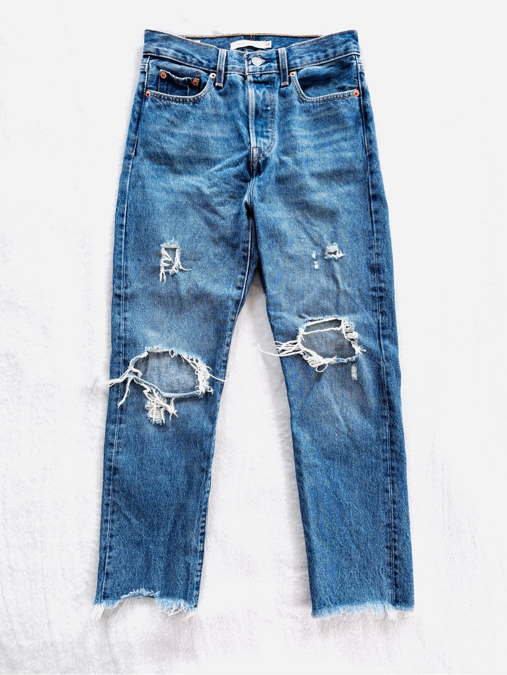 Levi's Wedgie Straight Distressed Denim Jeans, Blue, "Blank" Red Tab, Size 26